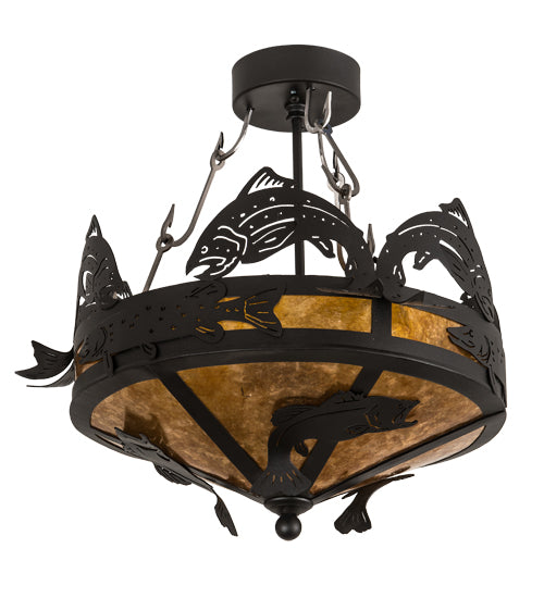 Meyda Lighting Catch of the Day 18" 2-Light Textured Black Flush Mount Light With Amber Mica Shade Glass