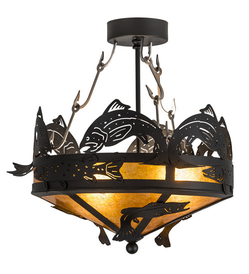 Meyda Lighting Catch of the Day 18" 2-Light Textured Black Flush Mount Light With Amber Mica Shade Glass