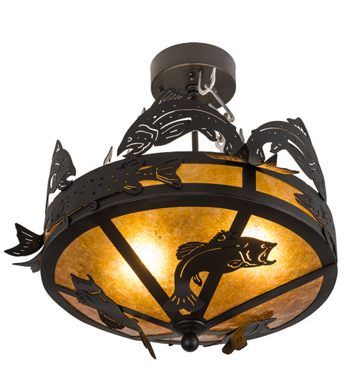 Meyda Lighting Catch of the Day 18" 2-Light Textured Black Flush Mount Light With Amber Mica Shade Glass