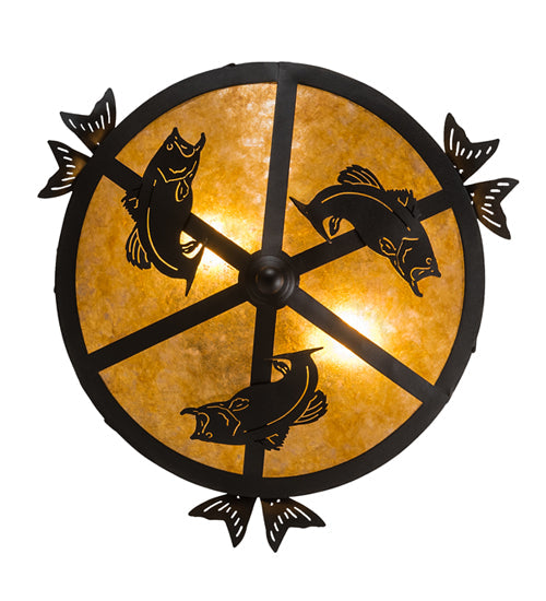 Meyda Lighting Catch of the Day 18" 2-Light Textured Black Flush Mount Light With Amber Mica Shade Glass