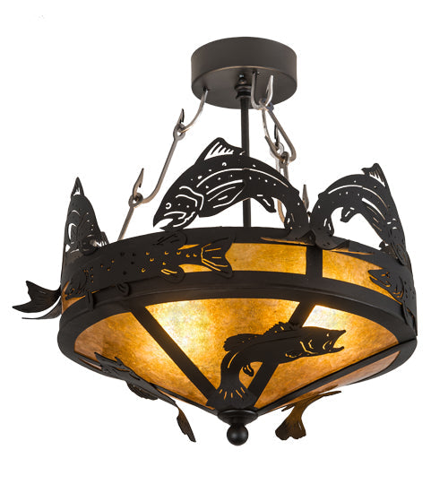 Meyda Lighting Catch of the Day 18" 2-Light Textured Black Flush Mount Light With Amber Mica Shade Glass