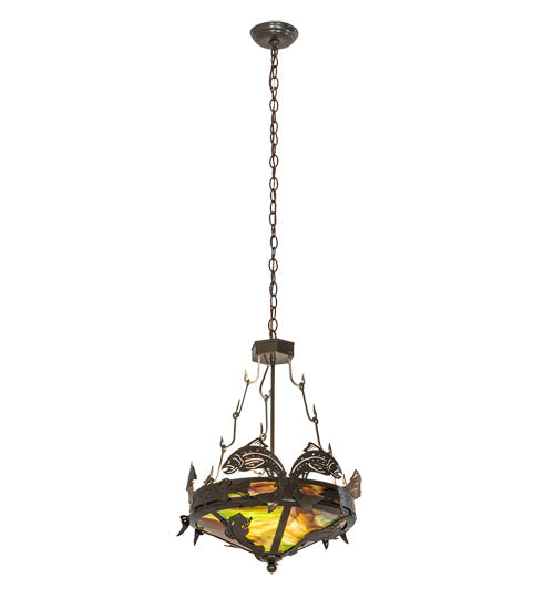 Meyda Lighting Catch of the Day 18" 2-Light Timeless Bronze Inverted Pendant Light With Green Art Shade Glass