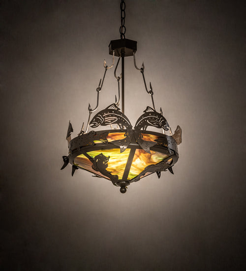Meyda Lighting Catch of the Day 18" 2-Light Timeless Bronze Inverted Pendant Light With Green Art Shade Glass