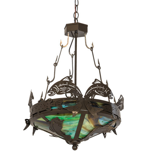 Meyda Lighting Catch of the Day 18" 2-Light Timeless Bronze Inverted Pendant Light With Green Art Shade Glass