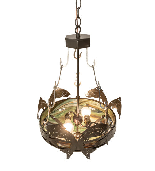 Meyda Lighting Catch of the Day 18" 2-Light Timeless Bronze Inverted Pendant Light With Green Art Shade Glass