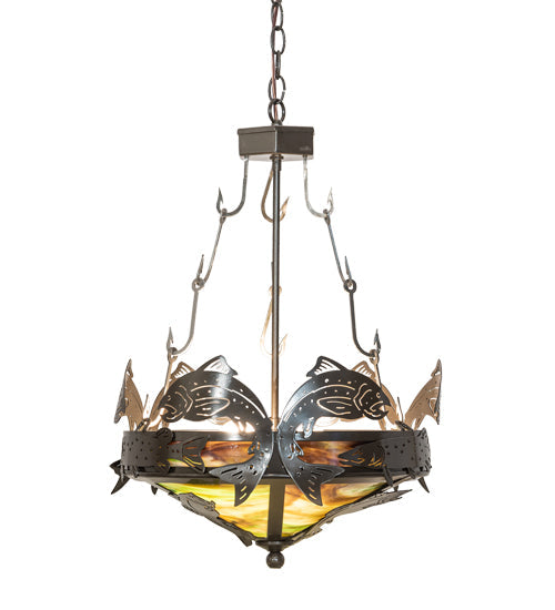 Meyda Lighting Catch of the Day 18" 2-Light Timeless Bronze Inverted Pendant Light With Green Art Shade Glass