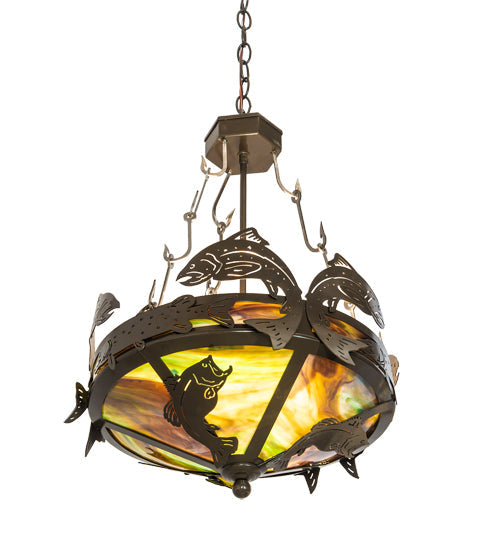 Meyda Lighting Catch of the Day 18" 2-Light Timeless Bronze Inverted Pendant Light With Green Art Shade Glass