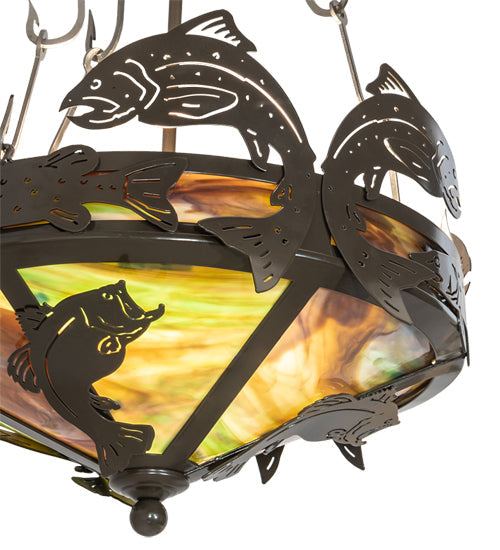 Meyda Lighting Catch of the Day 18" 2-Light Timeless Bronze Inverted Pendant Light With Green Art Shade Glass