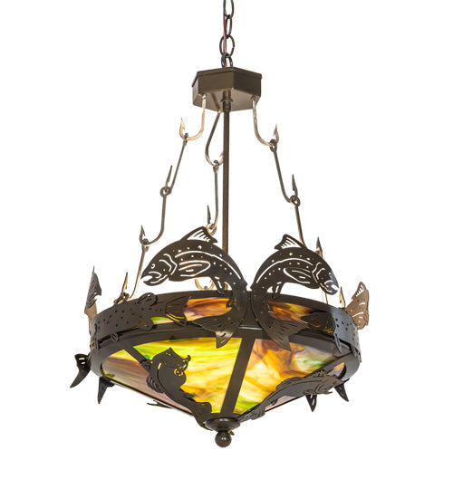 Meyda Lighting Catch of the Day 18" 2-Light Timeless Bronze Inverted Pendant Light With Green Art Shade Glass