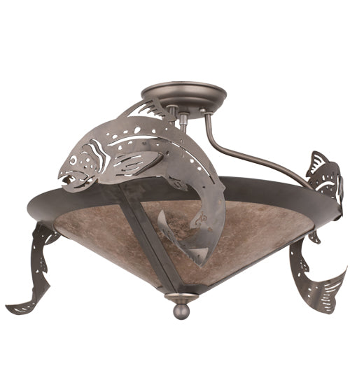 Meyda Lighting Catch of the Day 24" 3-Light Industrial Steel Semi-flush Mount Light With Silver Mica Shade Glass