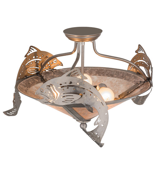 Meyda Lighting Catch of the Day 24" 3-Light Industrial Steel Semi-flush Mount Light With Silver Mica Shade Glass