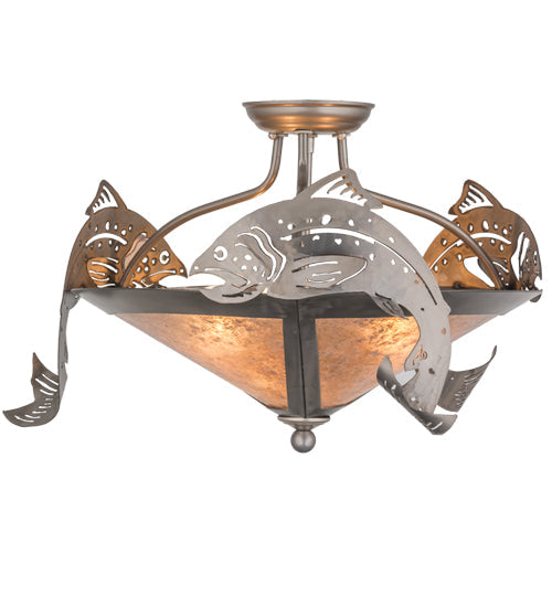 Meyda Lighting Catch of the Day 24" 3-Light Industrial Steel Semi-flush Mount Light With Silver Mica Shade Glass