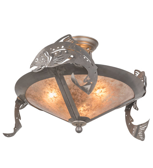 Meyda Lighting Catch of the Day 24" 3-Light Industrial Steel Semi-flush Mount Light With Silver Mica Shade Glass