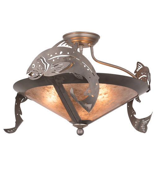 Meyda Lighting Catch of the Day 24" 3-Light Industrial Steel Semi-flush Mount Light With Silver Mica Shade Glass