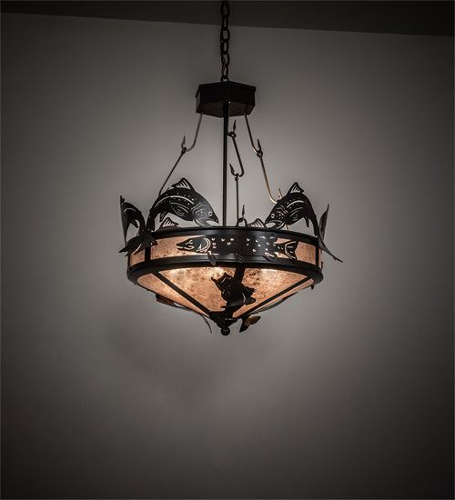 Meyda Lighting Catch of the Day 24" 4-Light Timeless Bronze Inverted Pendant Light With Silver Mica Shade Glass