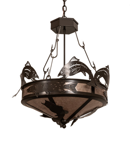 Meyda Lighting Catch of the Day 24" 4-Light Timeless Bronze Inverted Pendant Light With Silver Mica Shade Glass