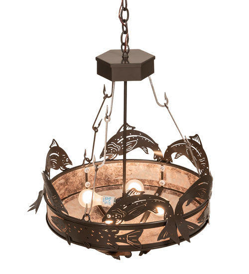 Meyda Lighting Catch of the Day 24" 4-Light Timeless Bronze Inverted Pendant Light With Silver Mica Shade Glass