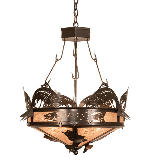 Meyda Lighting Catch of the Day 24" 4-Light Timeless Bronze Inverted Pendant Light With Silver Mica Shade Glass