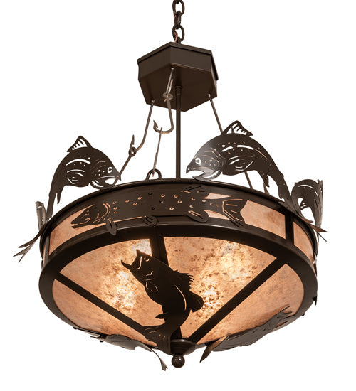 Meyda Lighting Catch of the Day 24" 4-Light Timeless Bronze Inverted Pendant Light With Silver Mica Shade Glass