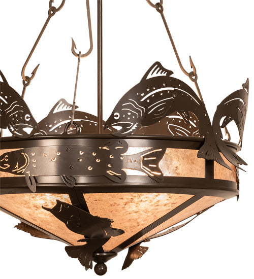 Meyda Lighting Catch of the Day 24" 4-Light Timeless Bronze Inverted Pendant Light With Silver Mica Shade Glass