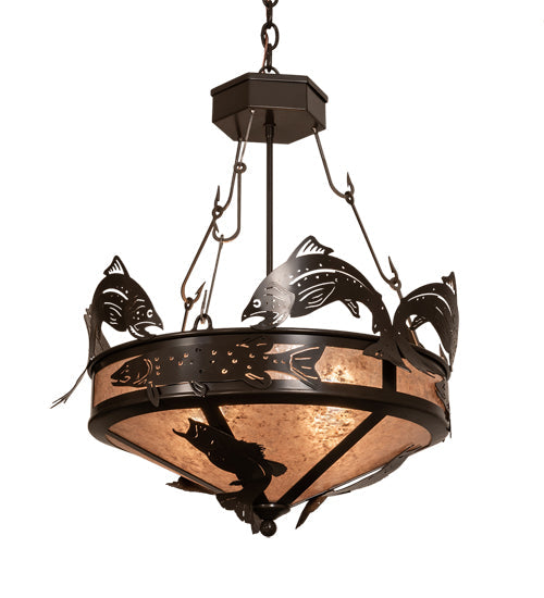 Meyda Lighting Catch of the Day 24" 4-Light Timeless Bronze Inverted Pendant Light With Silver Mica Shade Glass