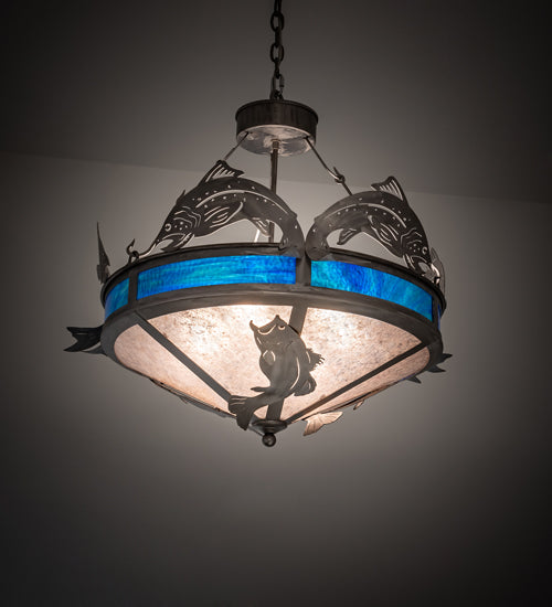 Meyda Lighting Catch of the Day 27" 4-Light Industrial Steel Inverted Pendant Light With Silver Mica & Blue Green Shade Glass