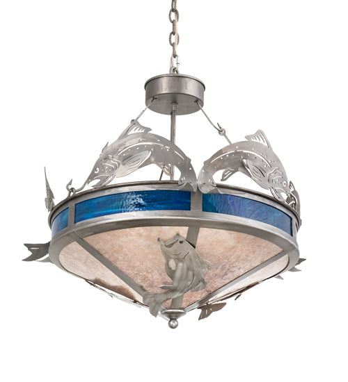 Meyda Lighting Catch of the Day 27" 4-Light Industrial Steel Inverted Pendant Light With Silver Mica & Blue Green Shade Glass