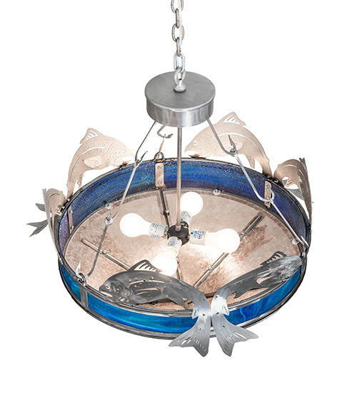 Meyda Lighting Catch of the Day 27" 4-Light Industrial Steel Inverted Pendant Light With Silver Mica & Blue Green Shade Glass