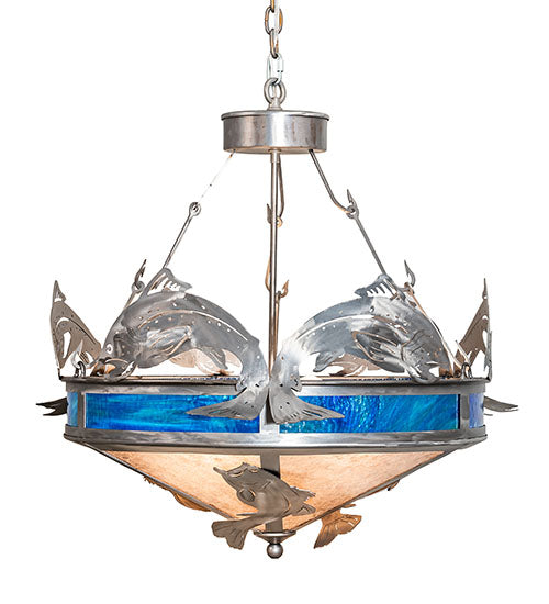 Meyda Lighting Catch of the Day 27" 4-Light Industrial Steel Inverted Pendant Light With Silver Mica & Blue Green Shade Glass