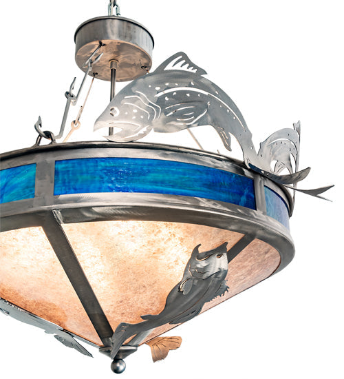 Meyda Lighting Catch of the Day 27" 4-Light Industrial Steel Inverted Pendant Light With Silver Mica & Blue Green Shade Glass