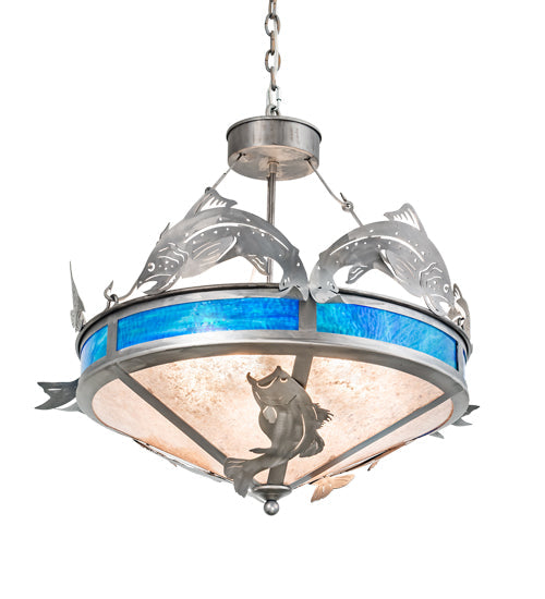 Meyda Lighting Catch of the Day 27" 4-Light Industrial Steel Inverted Pendant Light With Silver Mica & Blue Green Shade Glass