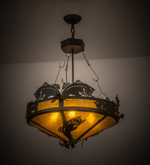Meyda Lighting Catch of the Day 27" 4-Light Oil Rubbed Bronze Inverted Pendant Light With Amber Mica Shade Glass