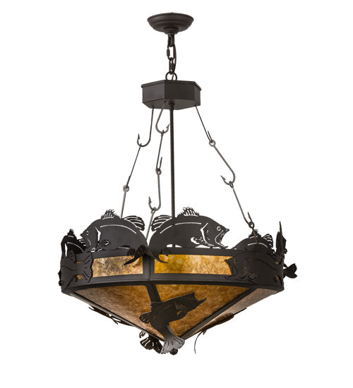 Meyda Lighting Catch of the Day 27" 4-Light Oil Rubbed Bronze Inverted Pendant Light With Amber Mica Shade Glass