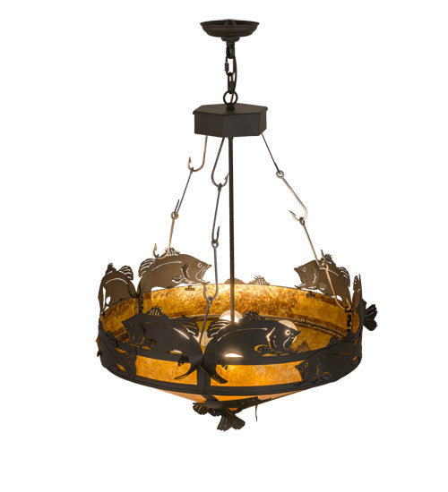 Meyda Lighting Catch of the Day 27" 4-Light Oil Rubbed Bronze Inverted Pendant Light With Amber Mica Shade Glass