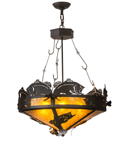 Meyda Lighting Catch of the Day 27" 4-Light Oil Rubbed Bronze Inverted Pendant Light With Amber Mica Shade Glass