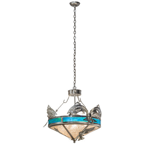 Meyda Lighting Catch of the Day 28" 4-Light Industrial Steel Powder Coat Trout Inverted Pendant Light With Blue Green Art & Silver Mica Shade Glass