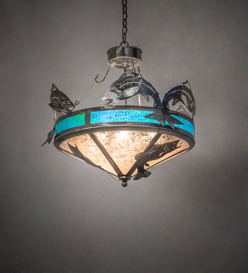 Meyda Lighting Catch of the Day 28" 4-Light Industrial Steel Powder Coat Trout Inverted Pendant Light With Blue Green Art & Silver Mica Shade Glass