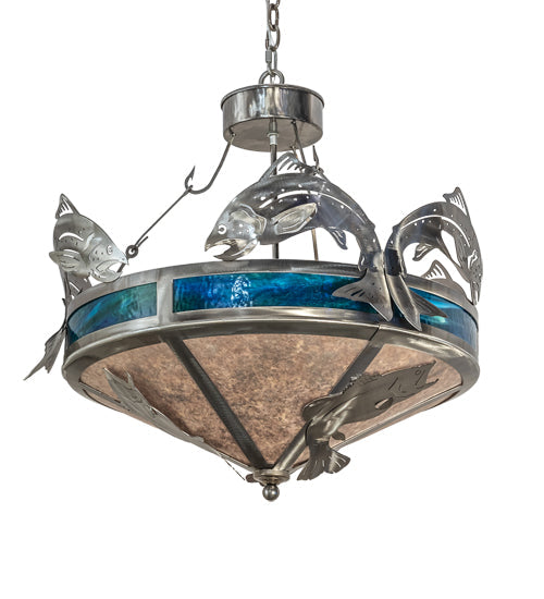 Meyda Lighting Catch of the Day 28" 4-Light Industrial Steel Powder Coat Trout Inverted Pendant Light With Blue Green Art & Silver Mica Shade Glass
