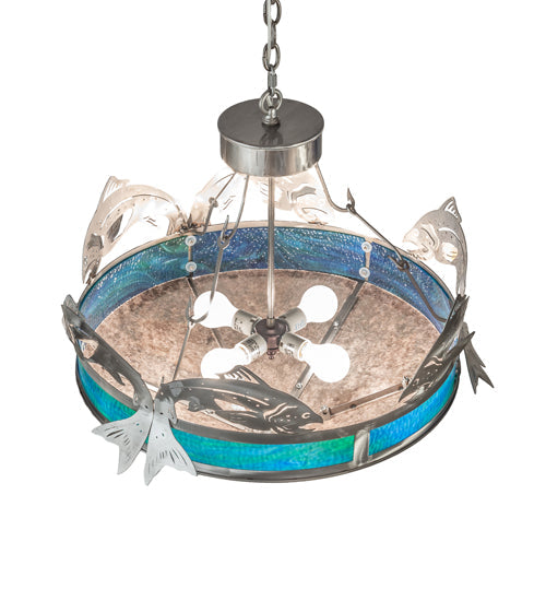 Meyda Lighting Catch of the Day 28" 4-Light Industrial Steel Powder Coat Trout Inverted Pendant Light With Blue Green Art & Silver Mica Shade Glass