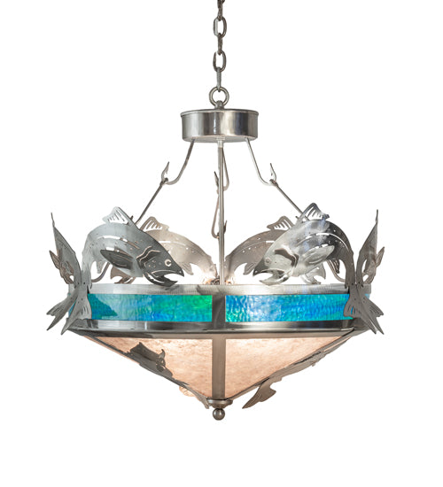 Meyda Lighting Catch of the Day 28" 4-Light Industrial Steel Powder Coat Trout Inverted Pendant Light With Blue Green Art & Silver Mica Shade Glass