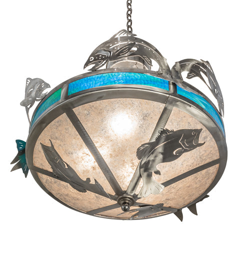 Meyda Lighting Catch of the Day 28" 4-Light Industrial Steel Powder Coat Trout Inverted Pendant Light With Blue Green Art & Silver Mica Shade Glass