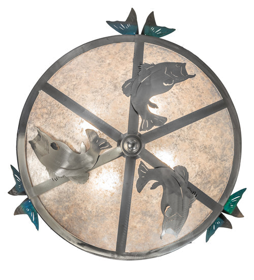 Meyda Lighting Catch of the Day 28" 4-Light Industrial Steel Powder Coat Trout Inverted Pendant Light With Blue Green Art & Silver Mica Shade Glass
