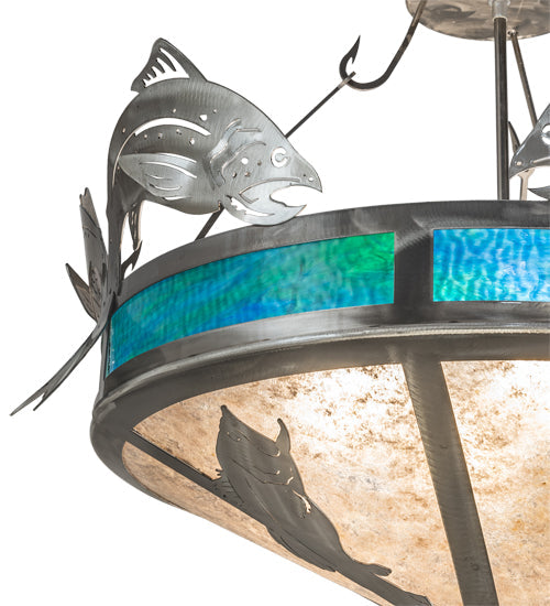 Meyda Lighting Catch of the Day 28" 4-Light Industrial Steel Powder Coat Trout Inverted Pendant Light With Blue Green Art & Silver Mica Shade Glass