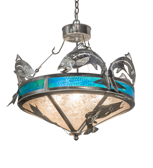 Meyda Lighting Catch of the Day 28" 4-Light Industrial Steel Powder Coat Trout Inverted Pendant Light With Blue Green Art & Silver Mica Shade Glass
