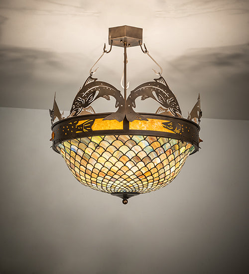 Meyda Lighting Catch of the Day 30" 4-Light Antique Copper Fishscale Inverted Semi-flush Mount Light With Green & Amber Mica Shade Glass