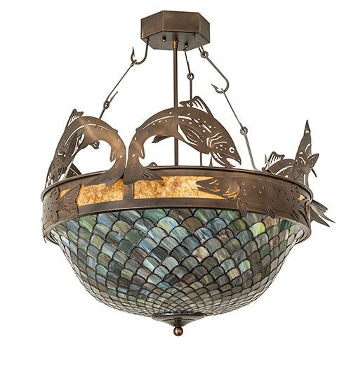 Meyda Lighting Catch of the Day 30" 4-Light Antique Copper Fishscale Inverted Semi-flush Mount Light With Green & Amber Mica Shade Glass