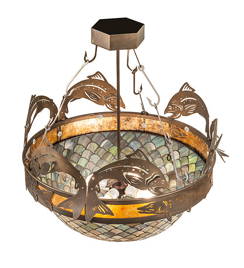 Meyda Lighting Catch of the Day 30" 4-Light Antique Copper Fishscale Inverted Semi-flush Mount Light With Green & Amber Mica Shade Glass