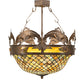 Meyda Lighting Catch of the Day 30" 4-Light Antique Copper Fishscale Inverted Semi-flush Mount Light With Green & Amber Mica Shade Glass