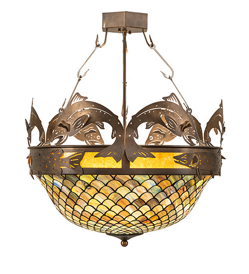 Meyda Lighting Catch of the Day 30" 4-Light Antique Copper Fishscale Inverted Semi-flush Mount Light With Green & Amber Mica Shade Glass
