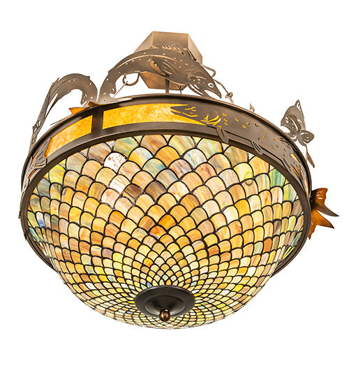 Meyda Lighting Catch of the Day 30" 4-Light Antique Copper Fishscale Inverted Semi-flush Mount Light With Green & Amber Mica Shade Glass